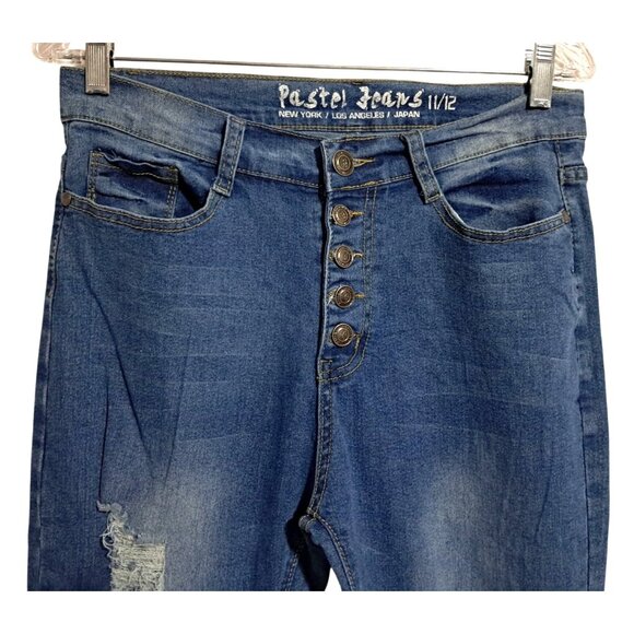 Pastel Jeans Womens Distressed Mid-Rise Button-Fly Skinny Jeans Size 11/12 Blue - Picture 4 of 11